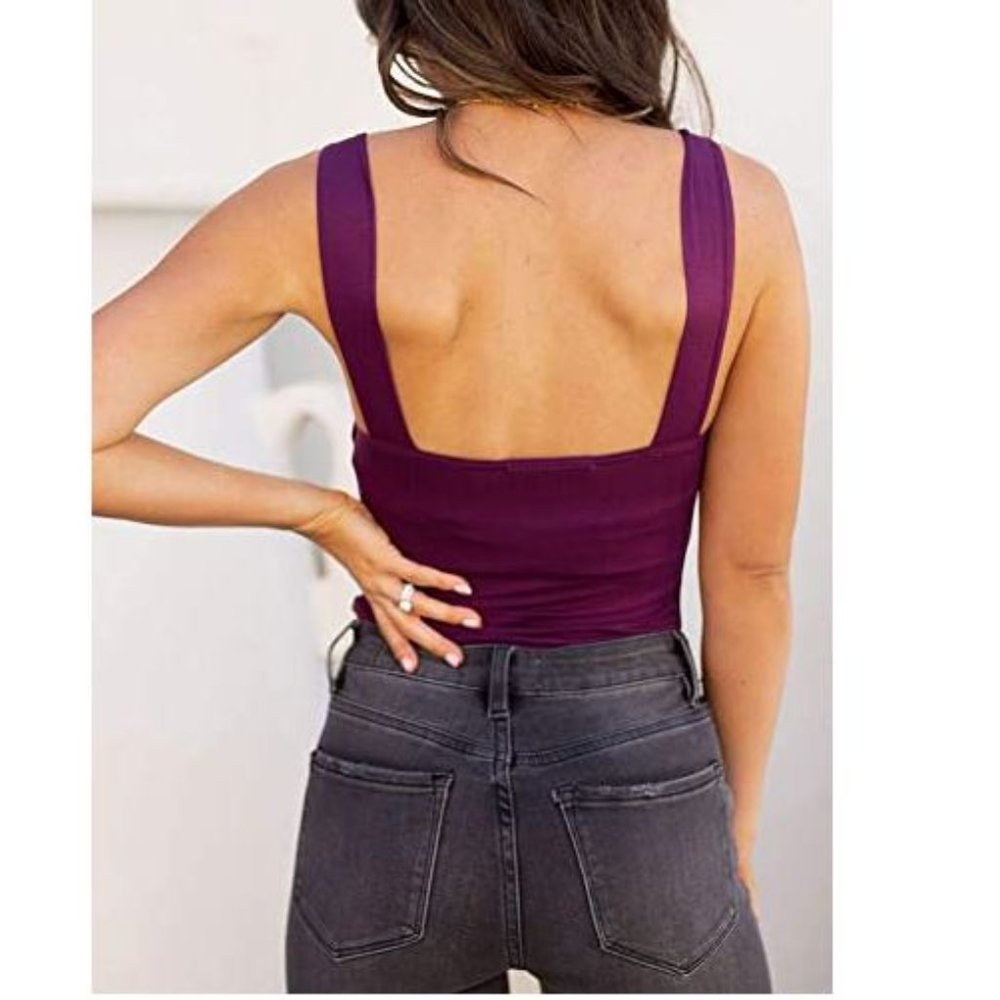Womens Sexy Square Neck Sleeveless Tops Bodysuits - Picture 3 of 7